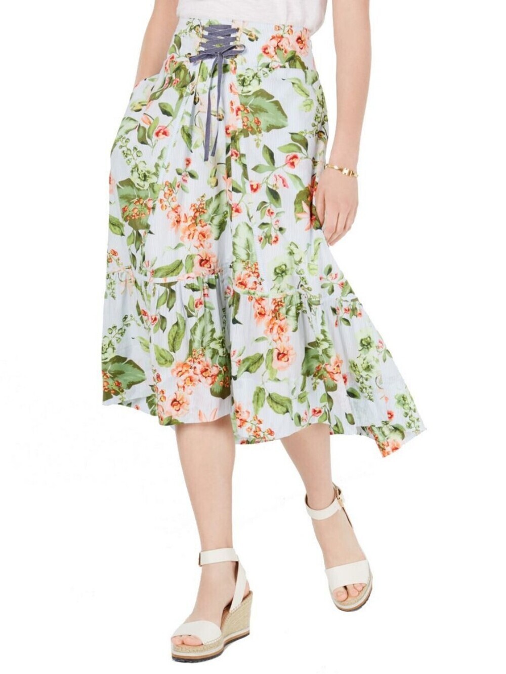 Tommy Hillfiger Floral Striped 100% Cotton Midi Teired Skirt. 12